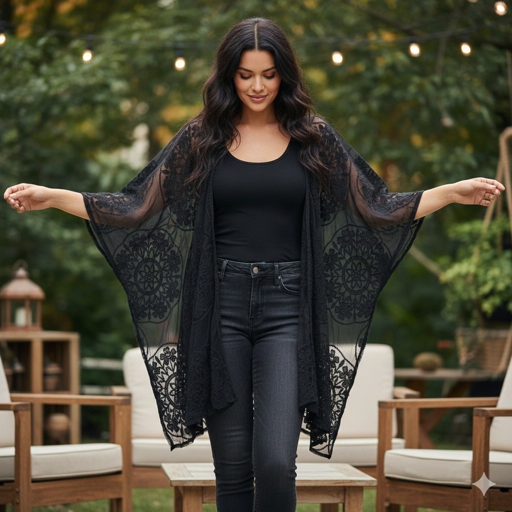 Maurices Womens One Size Black Sheer Lace Open Front Kimono Cardigan Gothic - Picture 2 of 9